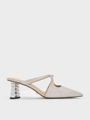 Charles & Keith Jacinda Beaded Heel Glittered Bow Mules Silber | DEYJ68350
