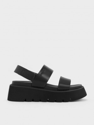 Charles & Keith Jadis Chunky Flatform Sandals Schwarz | XMTI57489