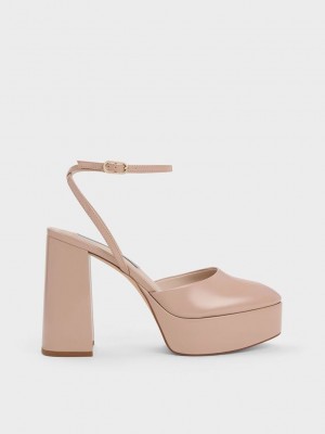 Charles & Keith Jemma Lack Plattform Ankle-Riemen Pumps Beige | CJMK68307