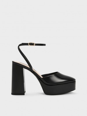 Charles & Keith Jemma Lack Plattform Ankle-Riemen Pumps Schwarz | BSYH81264