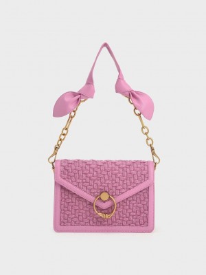 Charles & Keith Joelle Ring Push-Lock Tweed Envelope Shoulder Bag Rosa | UKLJ46895