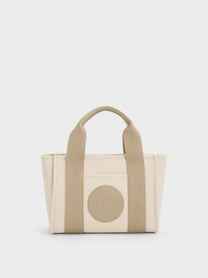 Charles & Keith Kay Canvas Contrast-Trim Tote Bag Grau Braun | DUON84093