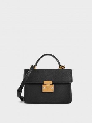 Charles & Keith Klassische Push-Lock Top Handle Bag Schwarz | DJFU85714