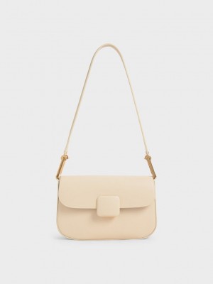 Charles & Keith Koa Square Push-Lock Shoulder Bag Beige | PVXO79560