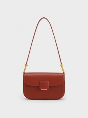 Charles & Keith Koa Square Push-Lock Shoulder Bag Dunkelrot | GYLI34829