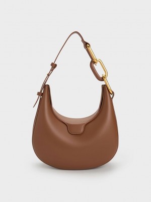 Charles & Keith Kora Metallic-Accent Moon Bag Schokolade | TMAE60148