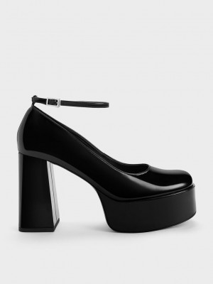 Charles & Keith Lack Ankle-Riemen Plattform Pumps Schwarz | XJNO31970