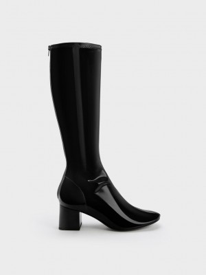 Charles & Keith Lack Block Heel Knee Boots Schwarz | BJUX28419