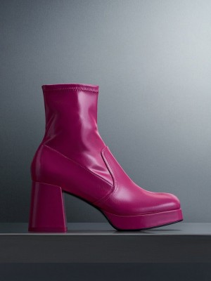 Charles & Keith Lack Crinkle-Effect Block-Heel Boots Fuchsie | CKTU89213