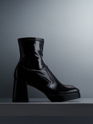 Charles & Keith Lack Crinkle-Effect Block-Heel Boots Schwarz | SJZX80957