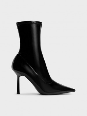 Charles & Keith Lack Crinkle-Effect Pointed-Kappe Stiletto Heel Ankle Boots Schwarz | GUYA71543