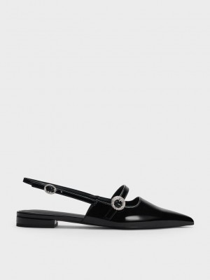 Charles & Keith Lack Crystal-Embellished Slingback Flats Schwarz | IVHE74236