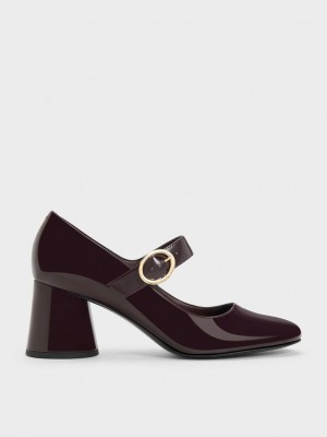 Charles & Keith Lack Cylindrical Block Heel Mary Janes Bordeaux | OMAR46957