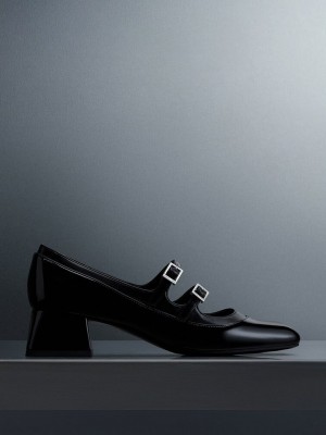 Charles & Keith Lack Double Schnallen Mary Janes Schwarz | UCOB58204