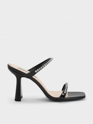 Charles & Keith Lack Gem-Encrusted Absatz Sandals Schwarz | DQAM23076