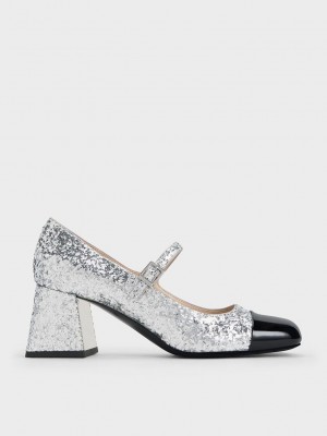 Charles & Keith Lack Glittered Trapeze-Heel Mary Janes Silber | YTBQ75862