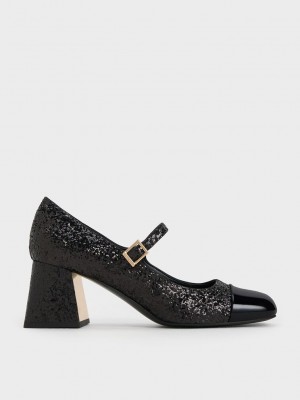 Charles & Keith Lack Glittered Trapeze-Heel Mary Janes Schwarz | VLGX09738