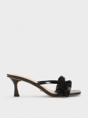 Charles & Keith Lack Leder Ruffled Mesh Absatz Mules Schwarz | LXYB40257