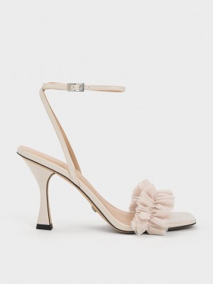 Charles & Keith Lack Leder Ruffled Mesh Absatz Sandals Rosa | GVSA64281