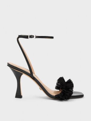 Charles & Keith Lack Leder Ruffled Mesh Absatz Sandals Schwarz | SCLW05419