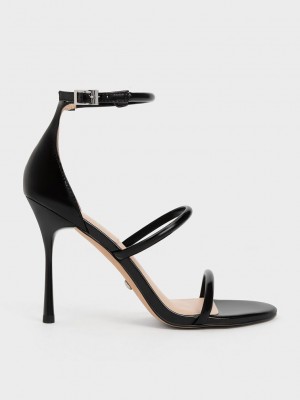 Charles & Keith Lack Leder Triple Riemen Absatz Sandals Schwarz | VKSP08413