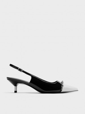 Charles & Keith Lack Pearl Chain-Link Slingback Pumps Schwarz | KTMO89725