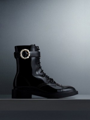 Charles & Keith Lack Pearl Schnallen Spitze-Up Ankle Boots Schwarz | KDYC17469