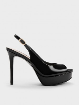 Charles & Keith Lack Plattform Slingback Sandals Schwarz | ZVQC28706