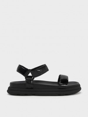 Charles & Keith Lack Riemchen Sports Sandals Schwarz | SJUW90748