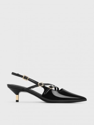Charles & Keith Lack Schnallen-Riemen Kitten Heel Slingback Pumps Schwarz | DARU57203