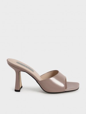 Charles & Keith Lack Square Kappe Absatz Mules Grau Braun | WLYV02413