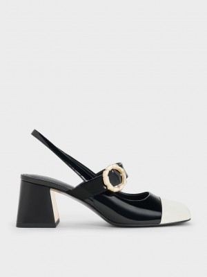 Charles & Keith Lack Two-Tone Pearl Schnallen Slingback Pumps Schwarz | LSFJ10284