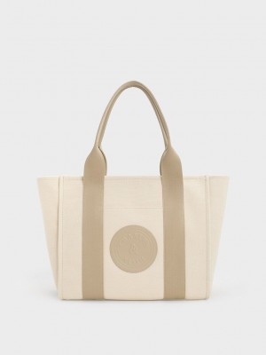 Charles & Keith Large Kay Canvas Contrast-Trim Tote Bag Grau Braun | LQAU05679