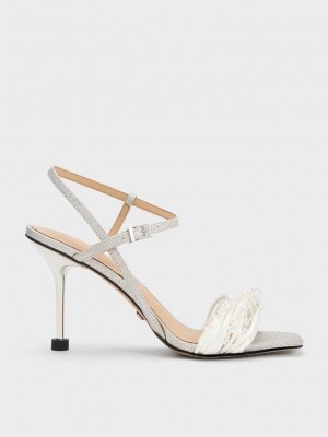 Charles & Keith Leda Beaded Asymmetric Glittered Sandals Silber | KQLW23407
