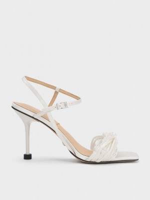 Charles & Keith Leda Beaded Asymmetric Satin Sandals Weiß | UTOF23784