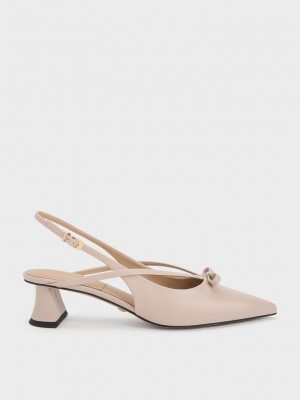 Charles & Keith Leder Bow Riemchen Slingback Pumps Beige | DPGX16543
