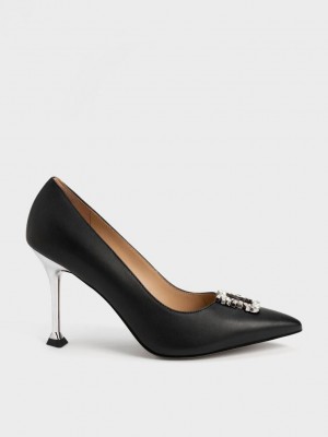 Charles & Keith Leder Gem-Embellished Pumps Schwarz | WHBD60729