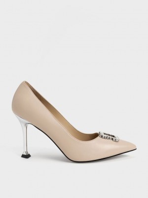 Charles & Keith Leder Gem-Embellished Pumps Beige | TKVS15679