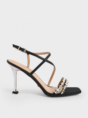 Charles & Keith Leder Gem-Embellished Riemchen Sandals Schwarz | YIJZ49301
