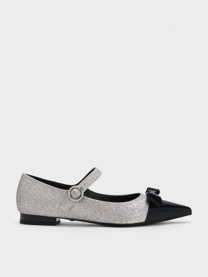 Charles & Keith Leder Glittered Bow Mary Jane Flats Silber | MXGY41907