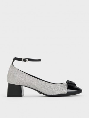 Charles & Keith Leder & Glitter Bow Ankle-Riemen Pumps Silber | QVYM80169