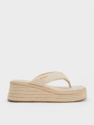 Charles & Keith Linen Espadrilles Tanga Sandals Beige | AYWX71095