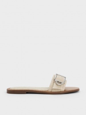 Charles & Keith Linen Metallic Schnallen Slides Beige | LOCP38516