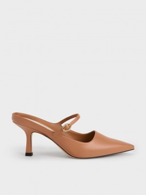Charles & Keith Mary Jane Absatz Mules Caramel | VOPY64817