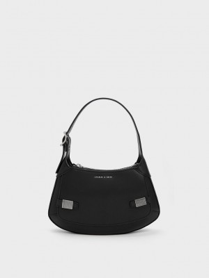 Charles & Keith Metallic-Accent Curved Shoulder Bag Schwarz | ENJF21985