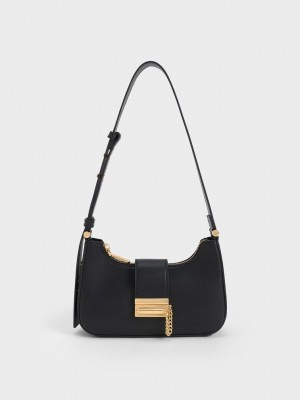 Charles & Keith Metallic Accent Belted Bag Schwarz | UZQY08371