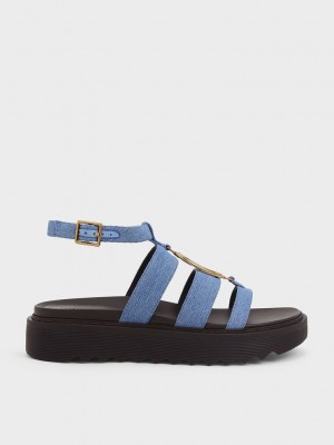 Charles & Keith Metallic Accent Denim Flatform Gladiator Sandals Blau | OPQT59714