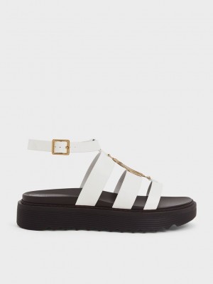 Charles & Keith Metallic Accent Flatform Gladiator Sandals Weiß | XWKQ23874