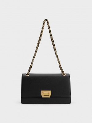 Charles & Keith Metallic Accent Front Flap Bag Schwarz | QUZI23675