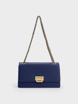 Charles & Keith Metallic Accent Front Flap Bag Navy | HSNU83194